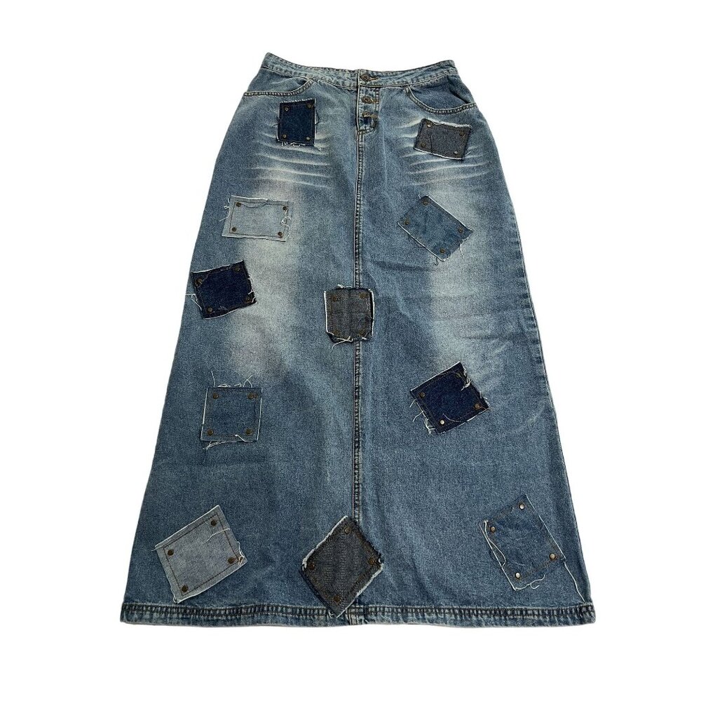 Sunshine Apparel Patchwork Midi Denim Skirt in Blue
